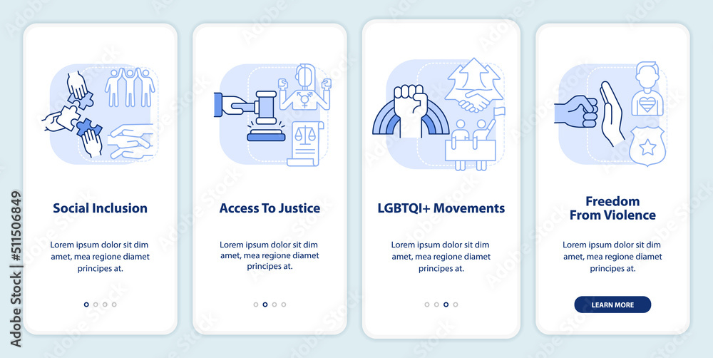 LGBT community programs light blue onboarding mobile app screen. Walkthrough 4 steps editable graphic instructions with linear concepts. UI, UX, GUI template. Myriad Pro-Bold, Regular fonts used