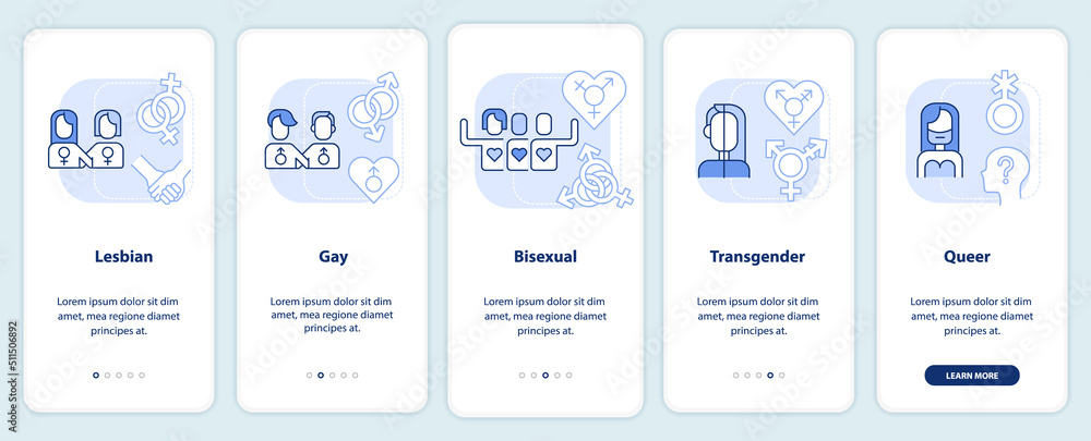 LGBT community includes light blue onboarding mobile app screen. Walkthrough 5 steps editable graphic instructions with linear concepts. UI, UX, GUI template. Myriad Pro-Bold, Regular fonts used