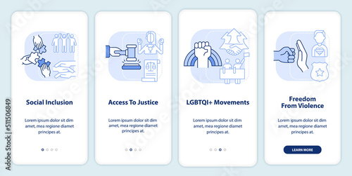 LGBT community programs light blue onboarding mobile app screen. Walkthrough 4 steps editable graphic instructions with linear concepts. UI, UX, GUI template. Myriad Pro-Bold, Regular fonts used