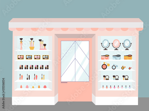Cosmetics store, beauty store, makeup shop with colorful cosmetic products, makeup tools in plastic bottles in shelves. Flat style vector illustration. Cosmetic showcase,  shopping, market
