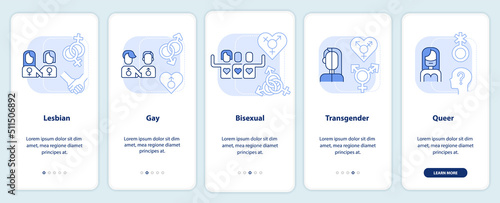 LGBT community includes light blue onboarding mobile app screen. Walkthrough 5 steps editable graphic instructions with linear concepts. UI, UX, GUI template. Myriad Pro-Bold, Regular fonts used