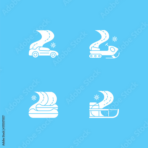 Winter vacation glyph icons set. Resort. Fun time with family. Skiing, skating. Christmas presents. Special date. Celebration concept.Filled flat signs. Isolated silhouette vector illustrations