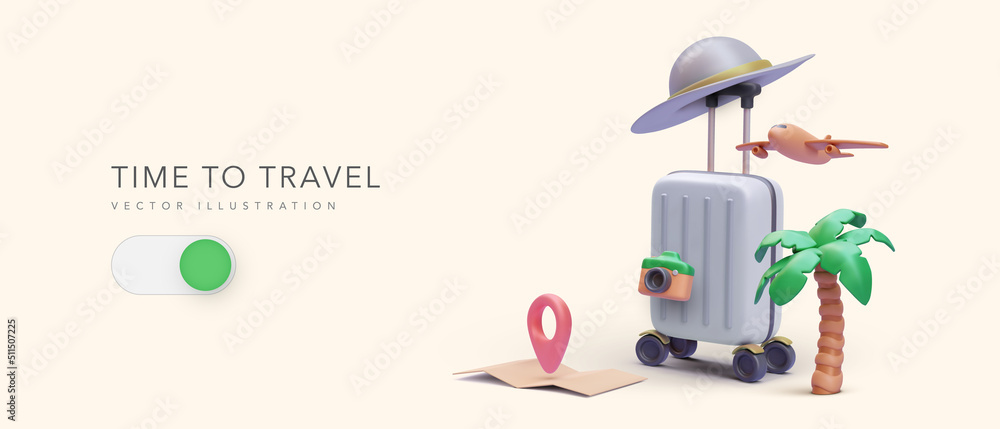 Time to travel concept poster in 3d realistic style with suitcase, palm tree, hat, camera, airplane, map. Vector illustration - obrazy, fototapety, plakaty 
