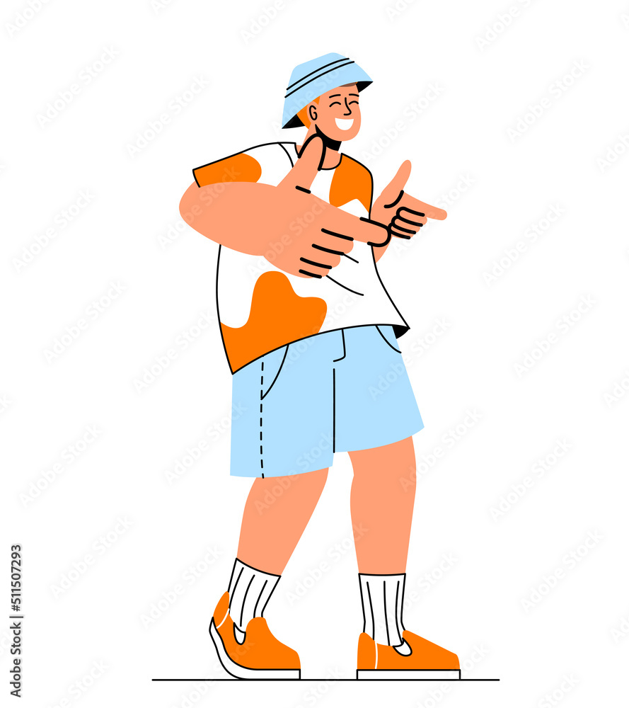 People pointing at something. Model for advertising posters and banners. Guy in cap shows two fingers. Product promotion and special offer for customers, discounts. Cartoon flat vector illustration People pointing at something. Model for advertising posters and banners. Guy in cap shows two fingers. Product promotion and special offer for customers, discounts. Cartoon flat vector illustration