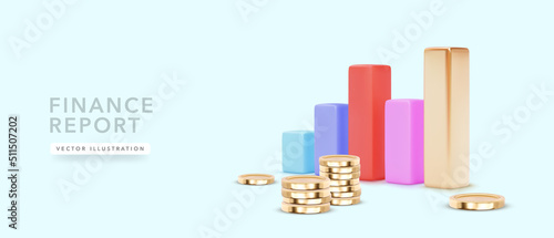 Colour finance report with golden coins in 3d realistic style. Vector illustration