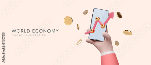 World economy banner in 3d realistic style with phone in hand and empty screen and statistic arrow and flying coins. Vector illustration