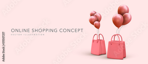 Online shopping concept banner in 3d realistic style. Vector illustration
