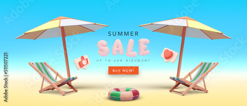 Marketing summer sale banner in 3d realistic style with beach umbrella, beach chair and social icons. Vector illustration