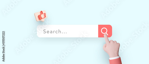 Searching information in internet concept in 3d realistic style with search bar, hand and social icon. Vector illustration