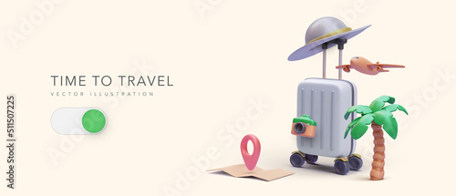 Time to travel concept poster in 3d realistic style with suitcase, palm tree, hat, camera, airplane, map. Vector illustration