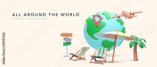 All around the world concept poster in 3d realistic style with planet, pointer, airplane, palm tree, beach chair, road sign, umbrella. Vector illustration