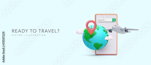 Travel concept banner in 3d realistic style with phone, planet, pointer, plain, clouds. Vector illustration