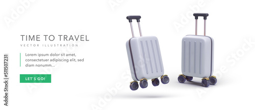 Marketing banner time to travel in 3d realistic style with suitcase. Vector illustration
