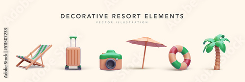 Foto Set of resort elements in 3d realistic style beach chair, suitcase, camera, umbrella, palm tree, lifebuoy