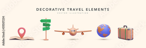 Set of travel elements in 3d realistic style map, road sign, airplane, planet, suitcase. Vector illustration