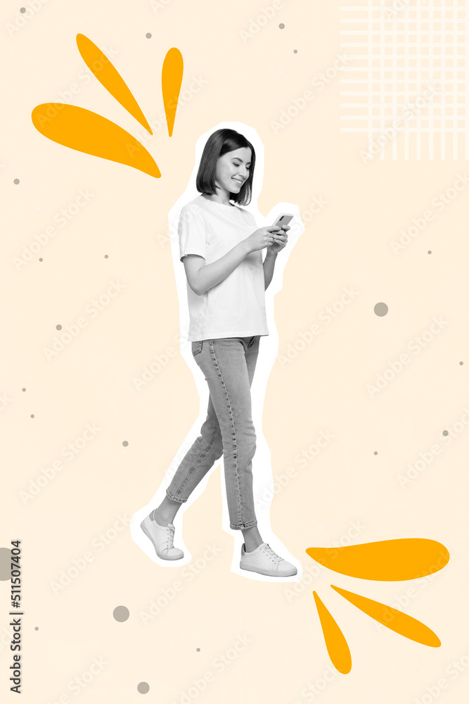 Collage photo of young black white girl go on walk can't stop chatting with boyfriend isolated on pink pastel background Collage photo of young black white girl go on walk can't stop chatting with boyfriend isolated on pink pastel background