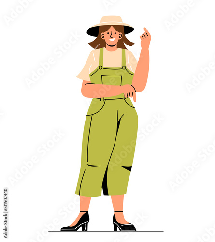 People pointing at something. Model for advertising posters. Farmer woman and agriculture. Stickers for social media, online marketing and promotion on Internet. Cartoon flat vector illustration