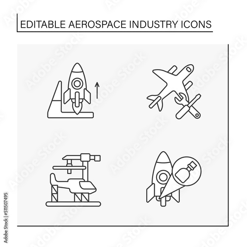  Aerospace industry line icons set. Helicopter, rocket and plane designing. Aircraft concepts. Isolated vector illustrations. Editable stroke