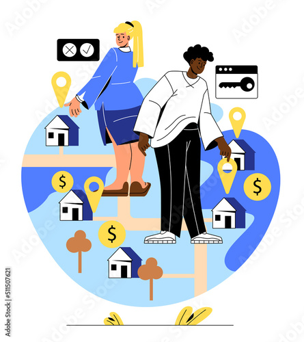 Property search concept. Man and girl evaluates houses and real estate in area. Financial literacy and budget, analytical company. Consultants and assistants. Cartoon flat vector illustration