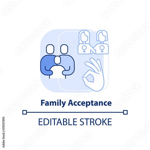 Family acceptance light blue concept icon. Relationship conflict. LGBT couples issue abstract idea thin line illustration. Isolated outline drawing. Editable stroke. Arial, Myriad Pro-Bold fonts used