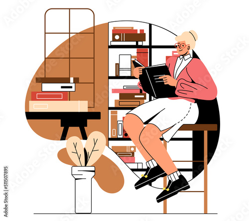 School teachers set. Young girl with books in library, specialist preparing for lesson. Education and learning, love of literature, knowledge and information. Cartoon flat vector illustration