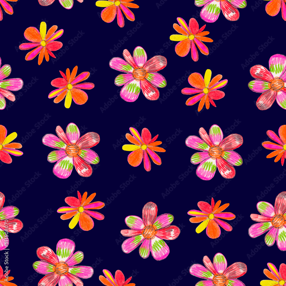 Pencil drawn simple multicoloured flowers pattern, pencil flowers, kids background, childish background, simple elements, deep blue Pencil drawn simple multicoloured flowers pattern, pencil flowers, kids background, childish background, simple elements, deep blue