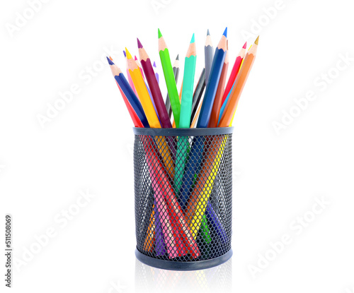 Colored pencils in pencil box isolated on white background.