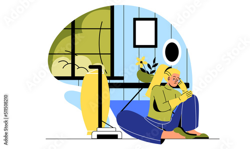 Women tired from housework. Girl in gloves with vacuum cleaner walks on floor and cries. Depression and frustration, mental and psychological problems, sadness. Cartoon flat vector illustration