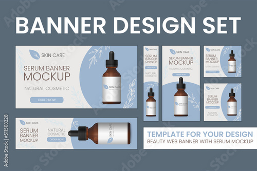 Big set of web banners. Natural or organic skin care product ad template. Bottle mock up 3d illustration on blue background. Serum realistic dropper with pipette, abstract banner for cosmetics.