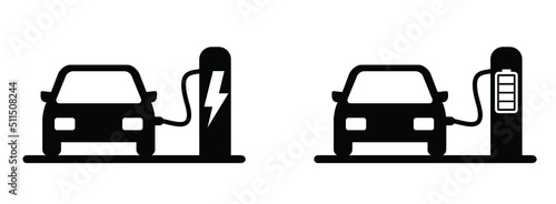 Cartoon parked e cars in a parking zone. Filling pump station. Electrical cable plugs for auto or car. Electric vehicle plug charging station point. Battery cars station logo. Pinpoint or pin location