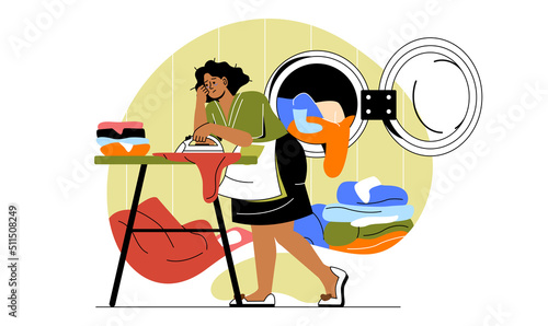 Women tired from housework. Girl irons clothes and cries. Emotional burnout from routine, hostess overloaded with household chores. Mental problems and troubles. Cartoon flat vector illustration