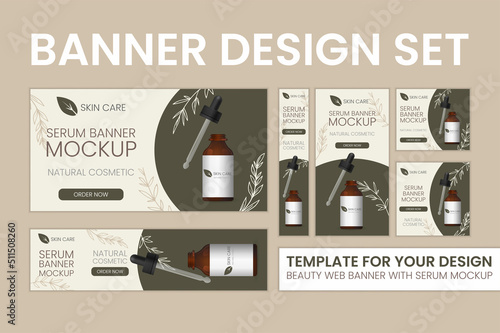 Big kit of banners. Natural or organic skin care product ad template. Bottle mock up 3d illustration on green beige background. Serum realistic dropper with pipette, abstract banner for cosmetics.