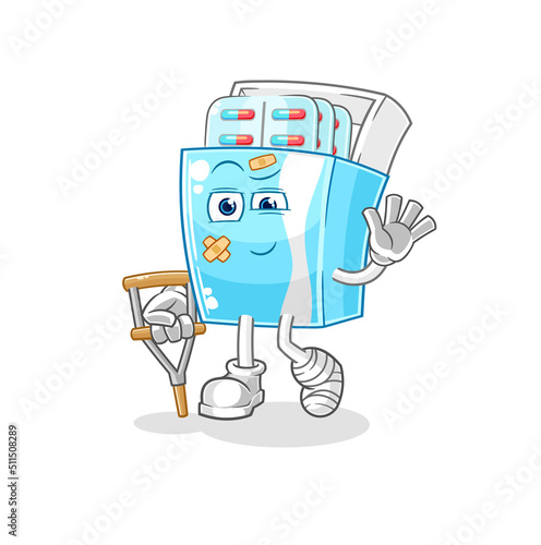 medicine package sick with limping stick. cartoon mascot vector