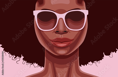 Vector portrait of young beautiful African American woman with light pink sunglasses. 