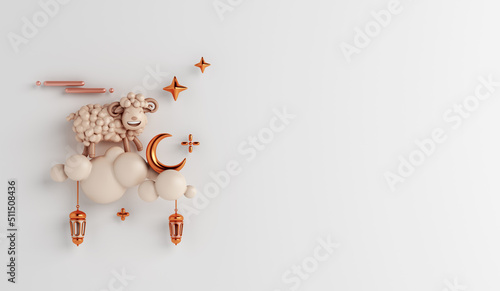 Eid al Adha islamic decoration background with goat sheep cloud arabic lantern crescent, ramadan kareem, mawlid, iftar, eid al fitr, muharram, copy space text area, 3D illustration.