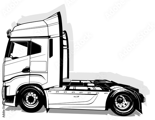 Drawing of a European Truck from the Side View - Black  Illustration Isolated on White Background, Vector photo