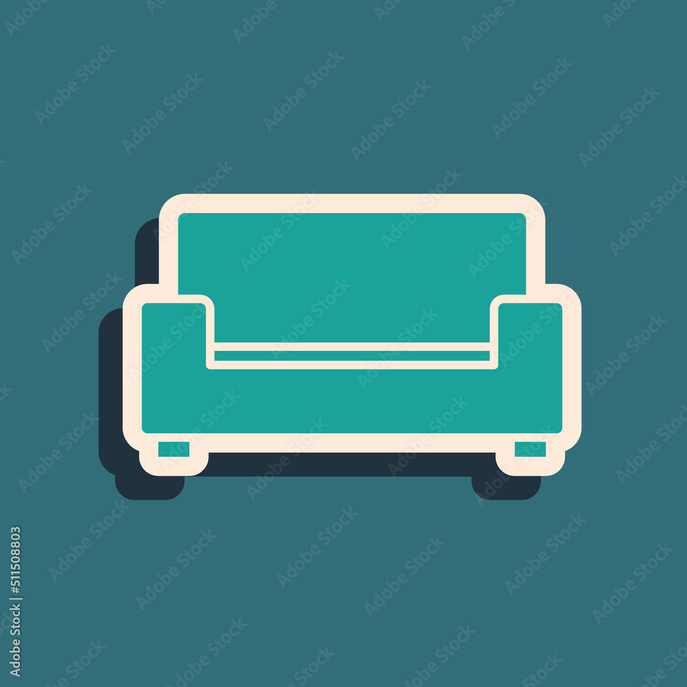 Green Sofa icon isolated on green background. Long shadow style. Vector Green Sofa icon isolated on green background. Long shadow style. Vector