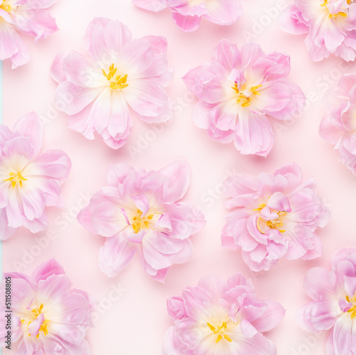 Pink tulips blossom pattern on pastel background.