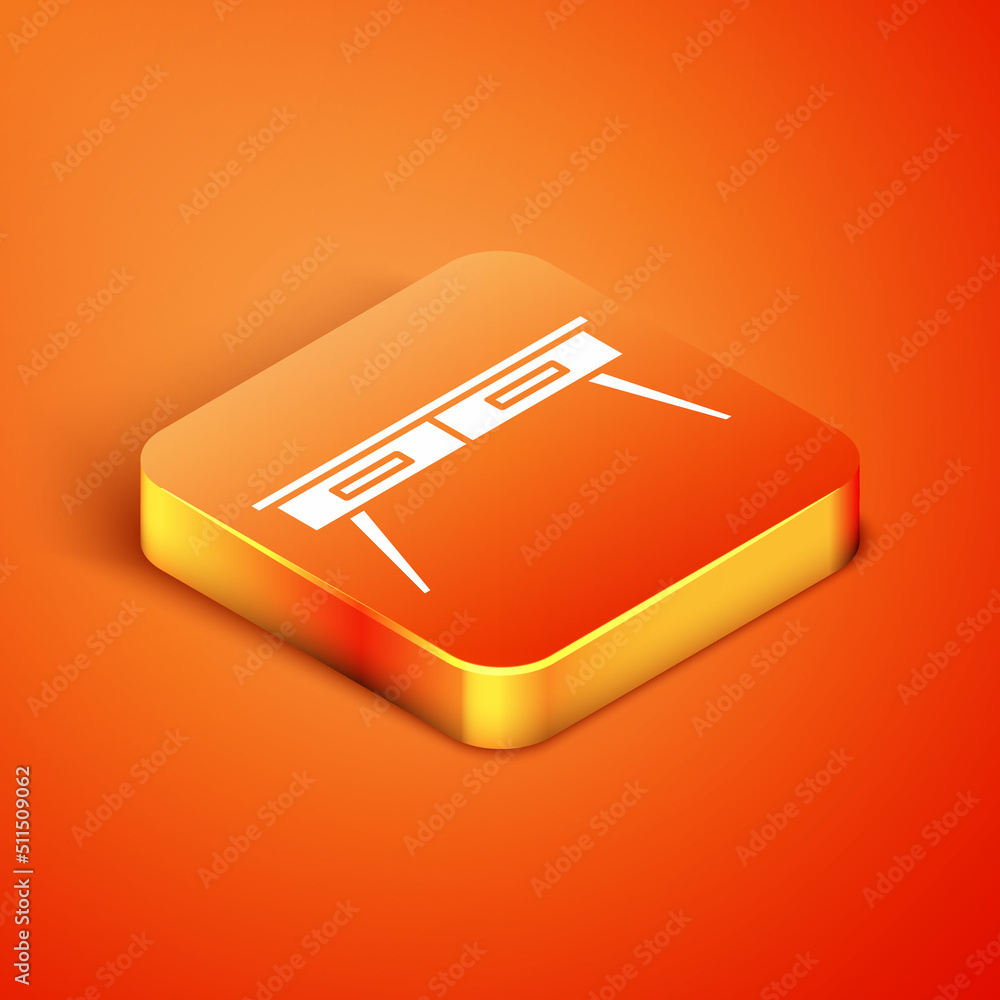 Isometric Office desk icon isolated on orange background. Vector Isometric Office desk icon isolated on orange background. Vector
