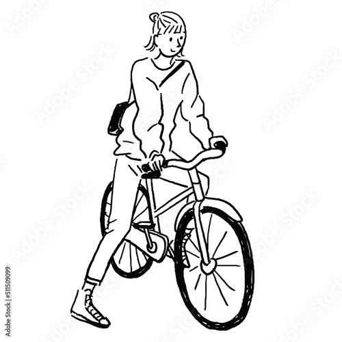 自転車に乗る女性　線画　ベクター