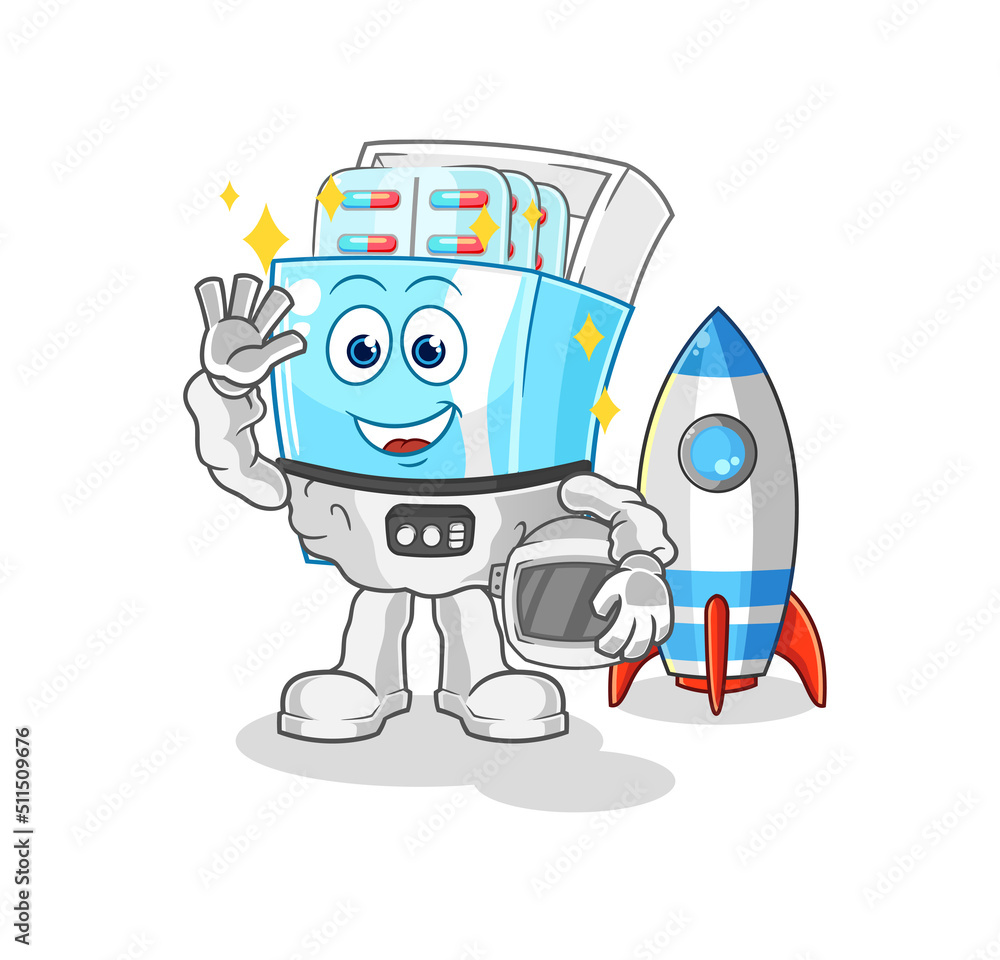 medicine package astronaut waving character. cartoon mascot vector