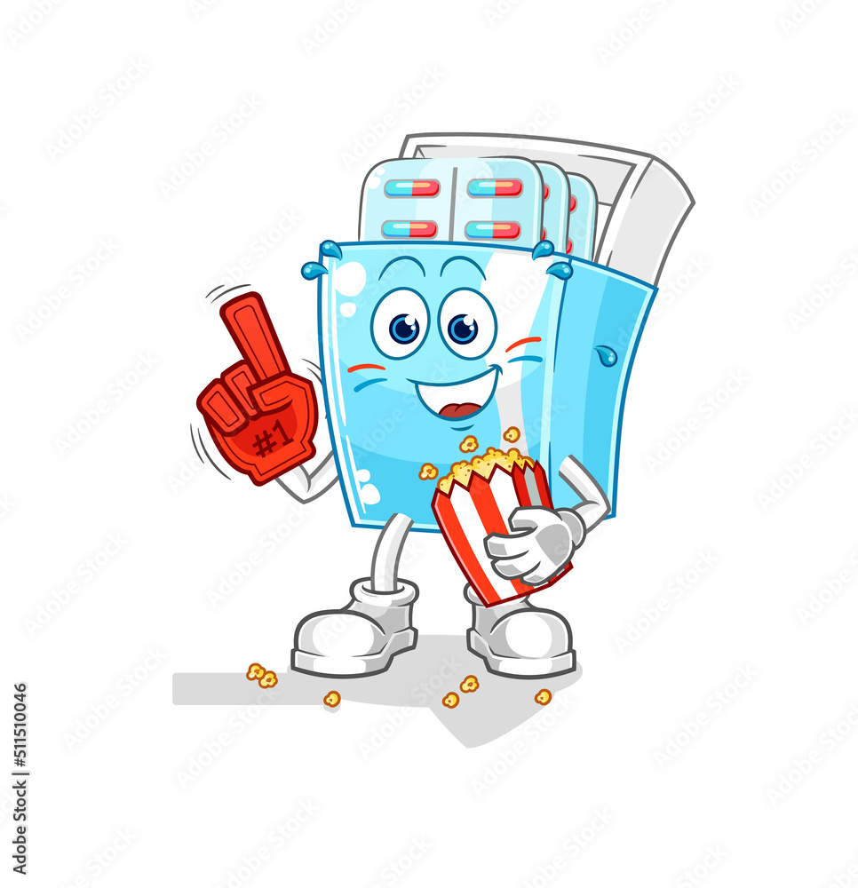 medicine package fan with popcorn illustration. character vector