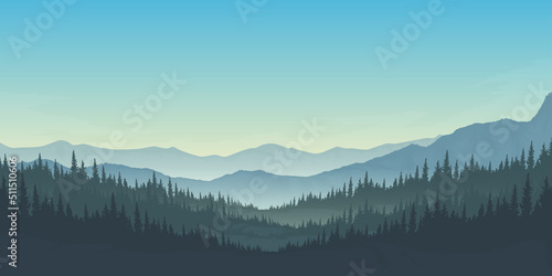 Landscaped mountains, pine forests under blue skies in the morning.