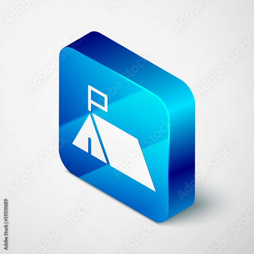 Isometric Protest camp icon isolated on grey background. Protesting tent. Blue square button. Vector