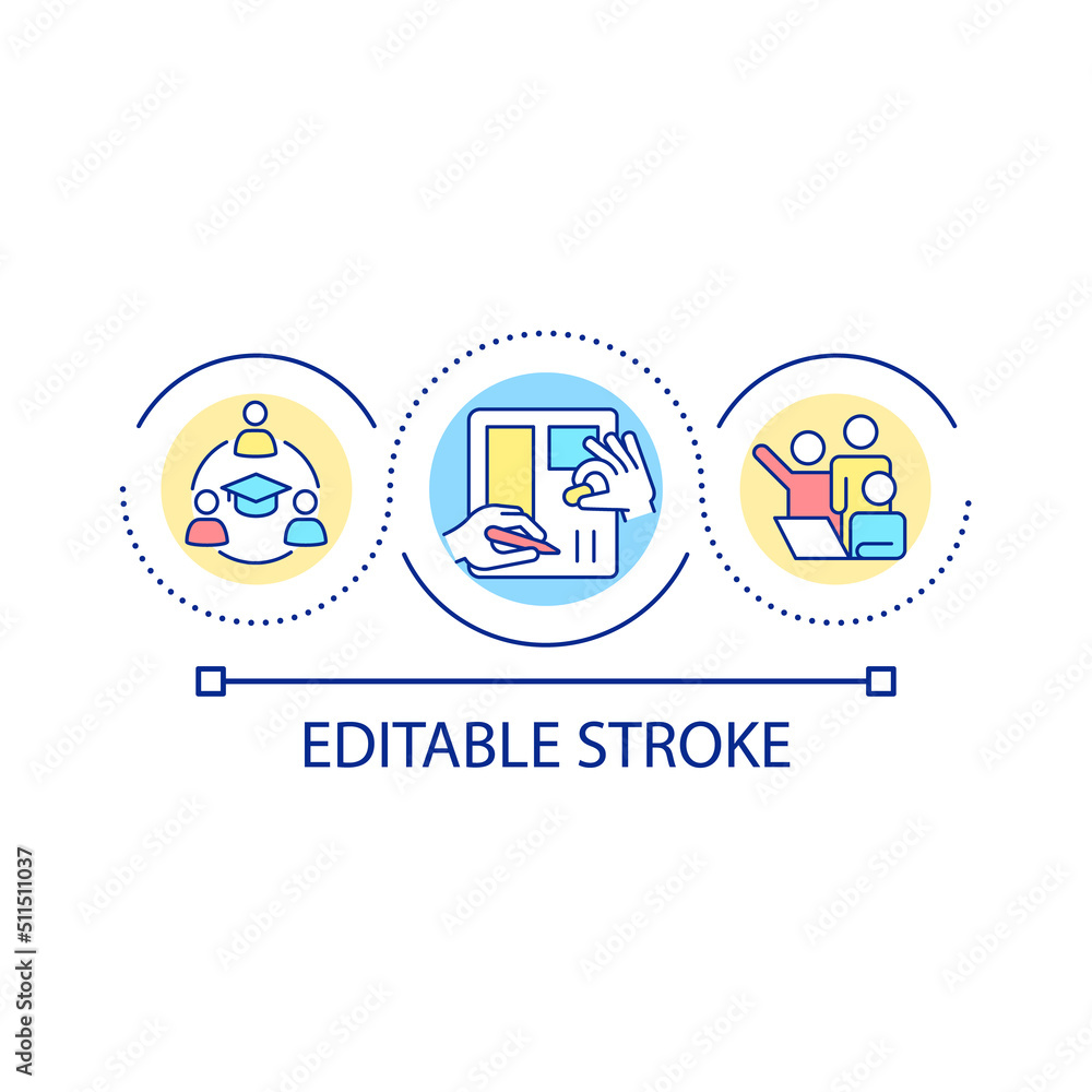 Learning in groups loop concept icon. Social nature of studying. Healthy environment abstract idea thin line illustration. Isolated outline drawing. Editable stroke. Arial font used Learning in groups loop concept icon. Social nature of studying. Healthy environment abstract idea thin line illustration. Isolated outline drawing. Editable stroke. Arial font used