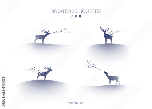 Set of deers and flying birds. Endangered animal. Isolated silhouettes