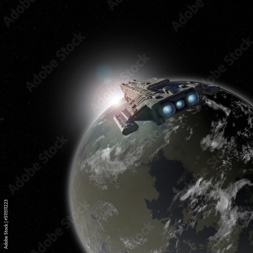 Spaceship and Star Rise over a Blue Green Planet, 3d digitally rendered science fiction illustration