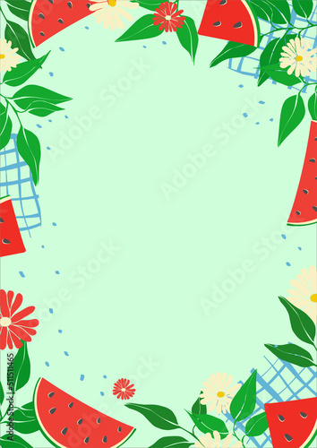 Picnic in nature. Vector illustration with watermelons. Summer frame template. Modern poster with organic products. Summer holiday invitation design. Flat design.