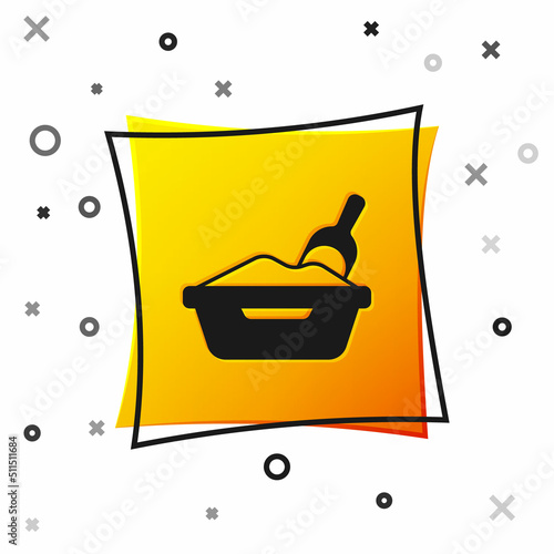 Black Cat litter tray with shovel icon isolated on white background. Sandbox cat with shovel. Yellow square button. Vector