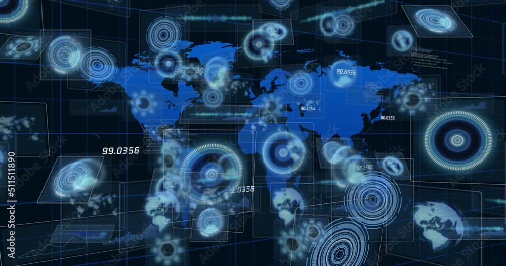 Animation of world map and moving screens over dark background Animation of world map and moving screens over dark background
